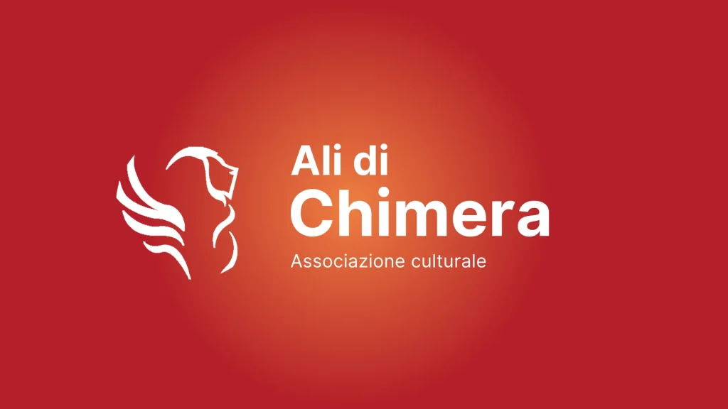 Logotipo de Ali di Chimera, asociación cultural, en blanco sobre fondo rojo y naranja