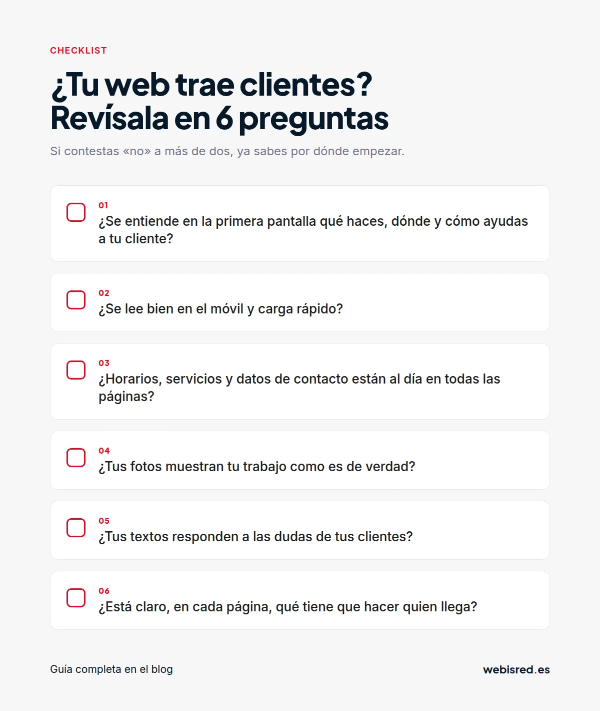 Checklist con 6 preguntas para revisar si tu web trae clientes