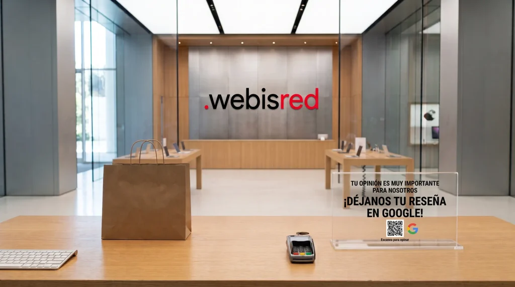 Cartel con código QR para dejar una reseña en Google junto al datáfono en el mostrador de un negocio