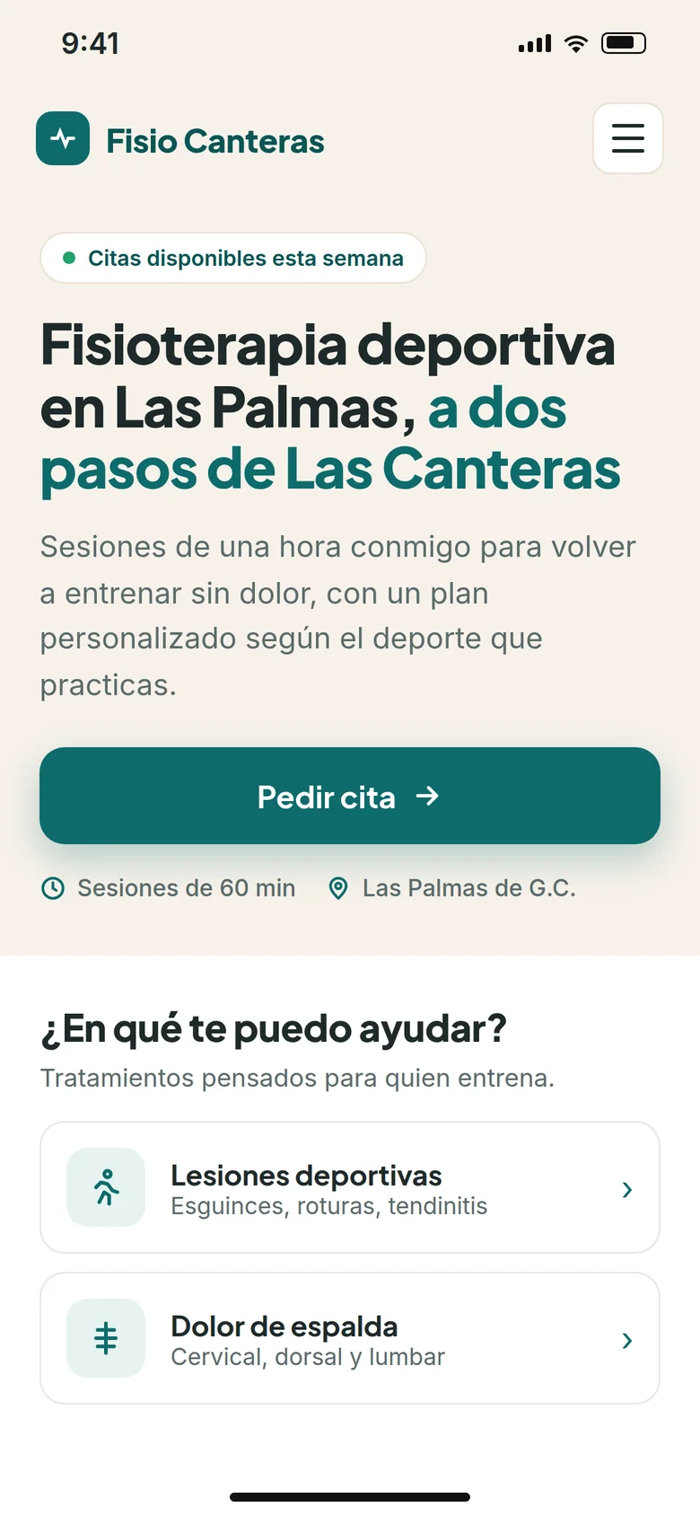 Ejemplo de primera pantalla en el móvil de una web de fisioterapia deportiva en Las Palmas, con título, promesa de transformación y botón Pedir cita
