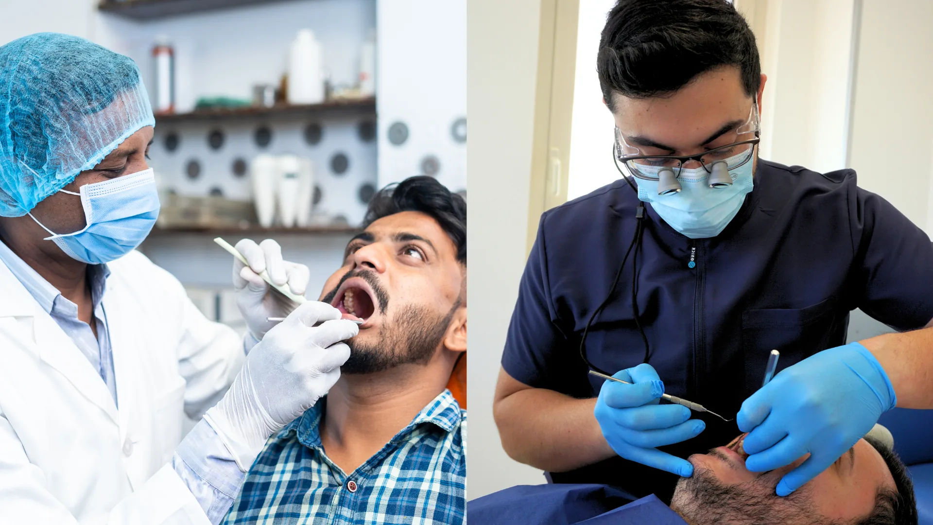 Comparación entre una foto de archivo de un dentista y una foto real de un profesional trabajando en su consulta